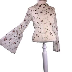 Ro&De Women's S Sheer Mesh Top Floral Embroidered Bell Sleeve White Mock Neck